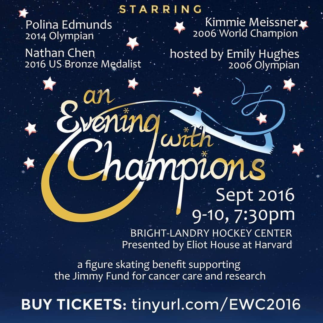 エミリー・ヒューズのインスタグラム：「So excited to host @aneveningwithchampions on 9/9 and 9/10 @harvard!! If you're in the area, get your tickets at tinyurl.com/EWC2016 #ewc2016 #harvard」