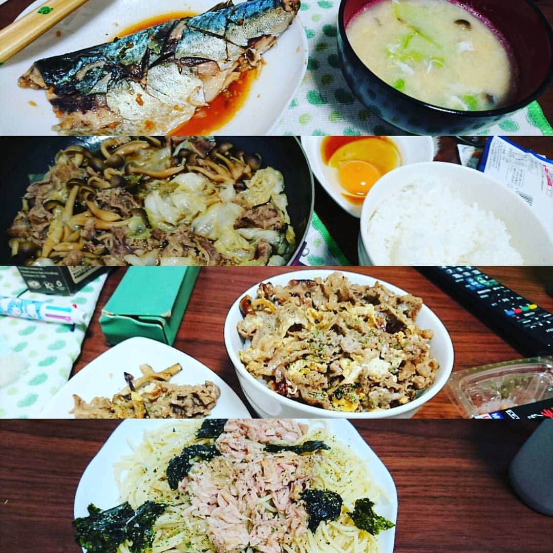 長田拓也のインスタグラム：「ひとり暮らしが始まって２週間が経ちました。懸命に生きてます。 #ひとり暮らし #自炊 #男飯 #さばの味噌煮 #すき焼き #牛丼 #パスタ #寮に帰りたい」