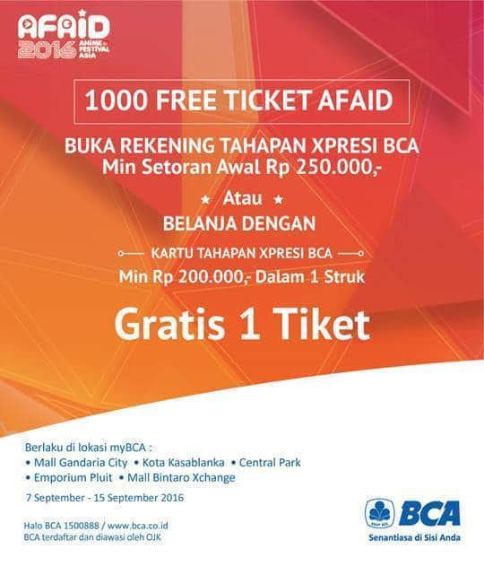 B Blogのインスタグラム：「Hello Bloggers,  Ada info menarik nih!  Buat kamu pencinta anime, komik, games, toys, jangan lewatkan kesempatan untuk mendapatkan FREE Tiket Masuk senilai Rp 100 ribu ke acara Anime Festival Asia (AFAID 2016) dengan membuka Tahapan Xpresi BCA minimal Rp 250 ribu atau belanja minimal Rp 200 ribu dalam 1 struk dengan menggunakan kartu Tahapan Xpresi BCA. Nikmati juga penawaran special pada saat event, yaitu GRATIS Voucher Belanja senilai Rp 50 ribu untuk pembukaan rekening/transaksi dengan menggunakan kartu Tahapan Xpresi BCA. Segera buka Tahapan Xpresi BCA dan nikmati beragam keseruan untuk Sejuta Xpresi-mu!  Ayo segera buka Tahapan Xpresi! #TahapanXpresi #AFAID」