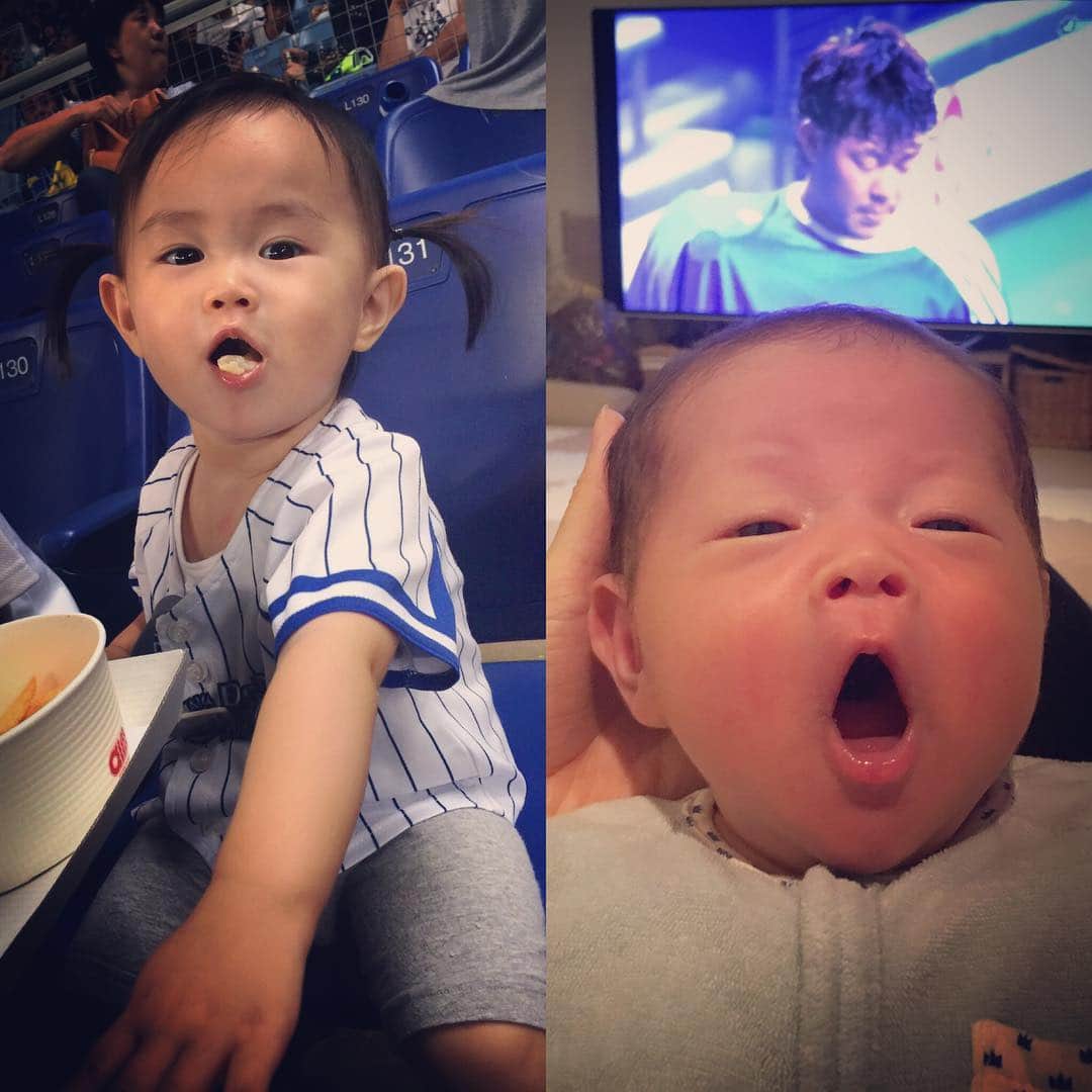 加織のインスタグラム：「11勝⚾️ 約束通り背番号取ってくれました❤️❤️ありがとう❤️❤️ 娘は現地で👧🏻 息子はお家で👦🏻 2人ともお口開けてるけど(笑)あなた達のパパ、本当にかっこいいわ❤️❤️❤️」