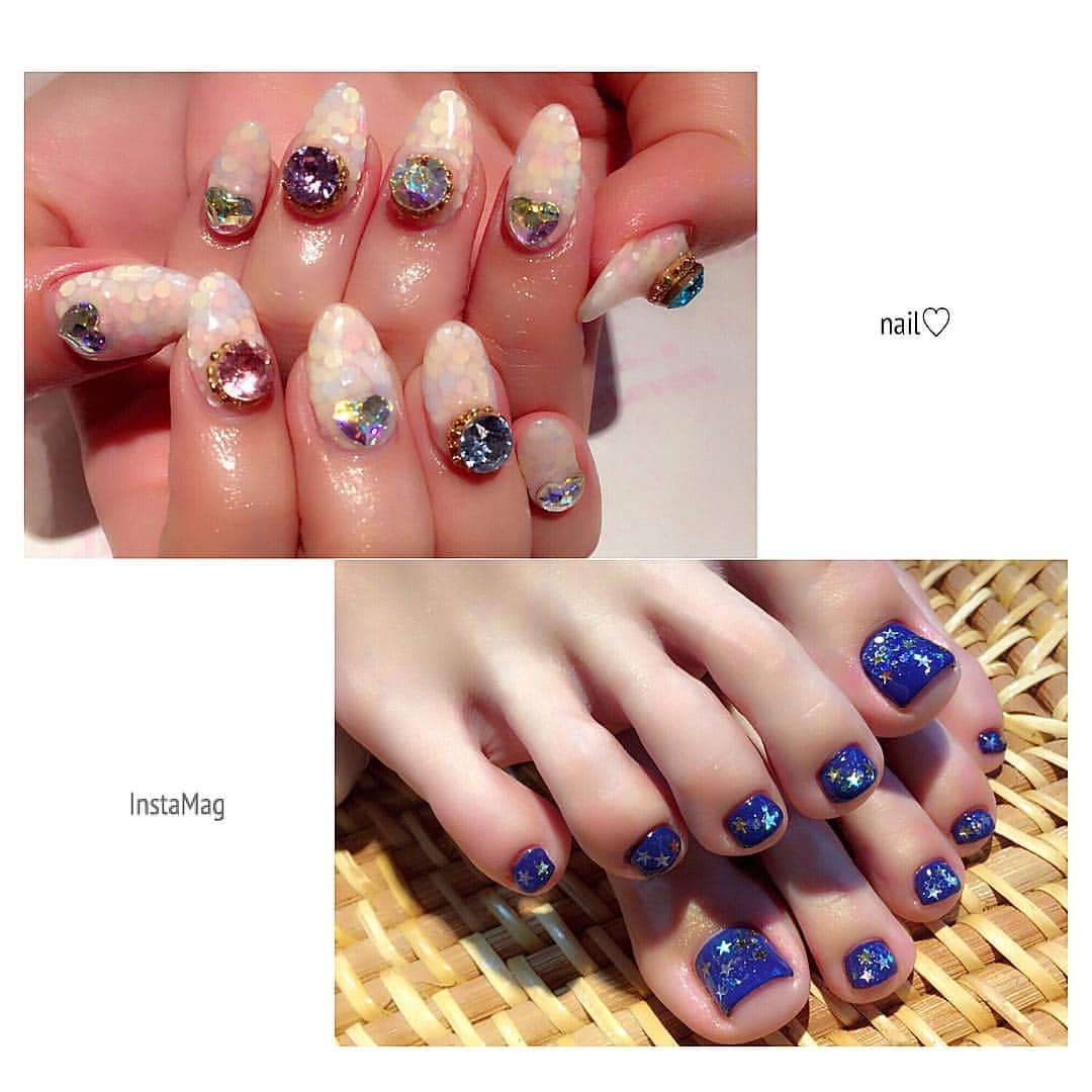 小泉遥さんのインスタグラム写真 - (小泉遥Instagram)「* hand × foot ♡ nail 💅 * #instagood #nail #happy #pretty #LOVE #followme #stone #nailsalon #cute #fashion #jilllovers #harajuku #キラキラネイル #IZUMI #hand #foot #white #blue #star」9月12日 21時41分 - haruka_koizumi0109