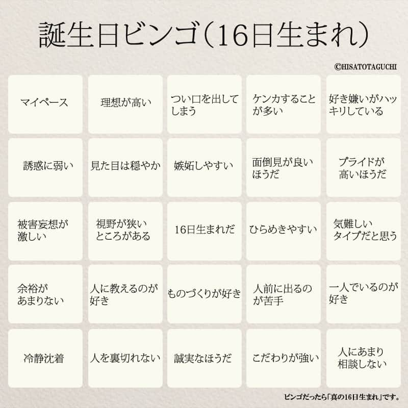 yumekanauさんのインスタグラム写真 - (yumekanauInstagram)「「誕生日ビンゴ（16日生まれバージョン）」本日お誕生日の方、おめでとうございます！もしも、まわりにお誕生日の方がいれば画像をプレゼントしてください。 . また、10月以外の#16日生まれ の方もチャレンジを。#血液型ビンゴ の結果と合わせてみると面白いかもしれません。 . . 10月16日の生まれの著名人には「#瀧本美織 」「#徳澤直子 @tokuzawa.naoko」「#足立 梨花 」がいます。 . . #誕生日ビンゴ#誕生日プレゼント#10月16日#16日#誕生日#占い . . ご指摘ありがうございます。修整しました。」10月16日 7時00分 - yumekanau2