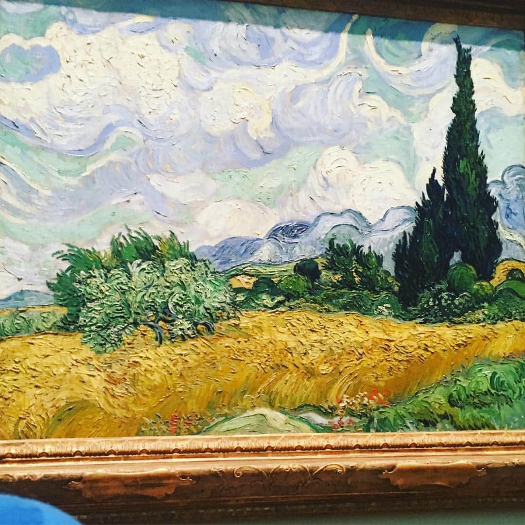 ROU [ルー]のインスタグラム：「1889年に描かれた麦畑シリーズの一つ、「糸杉のある麦畑」  #別名 糸杉のあるトウモロコシ畑 #このシリーズは3枚あるみたい #ちゃんといますよ、左隅に #vincentvangogh #theo #rou #newyork」