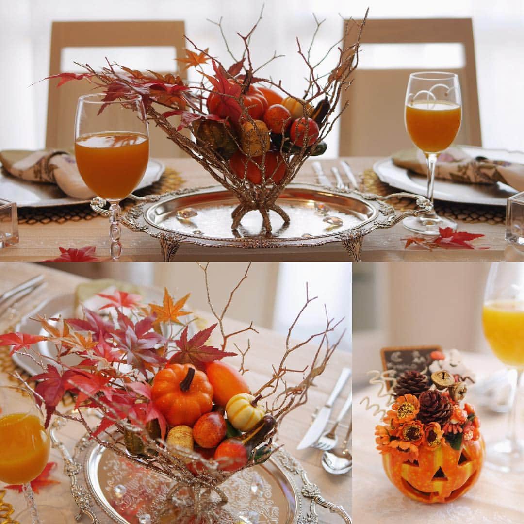 竹中一江のインスタグラム：「花器のような枝の中に、紅葉&カボチャたちを生けてハロウィンムードに🎃✨ #ハロウィン #テーブルコーディネート #テーブルセッティング #ホームパーティー」