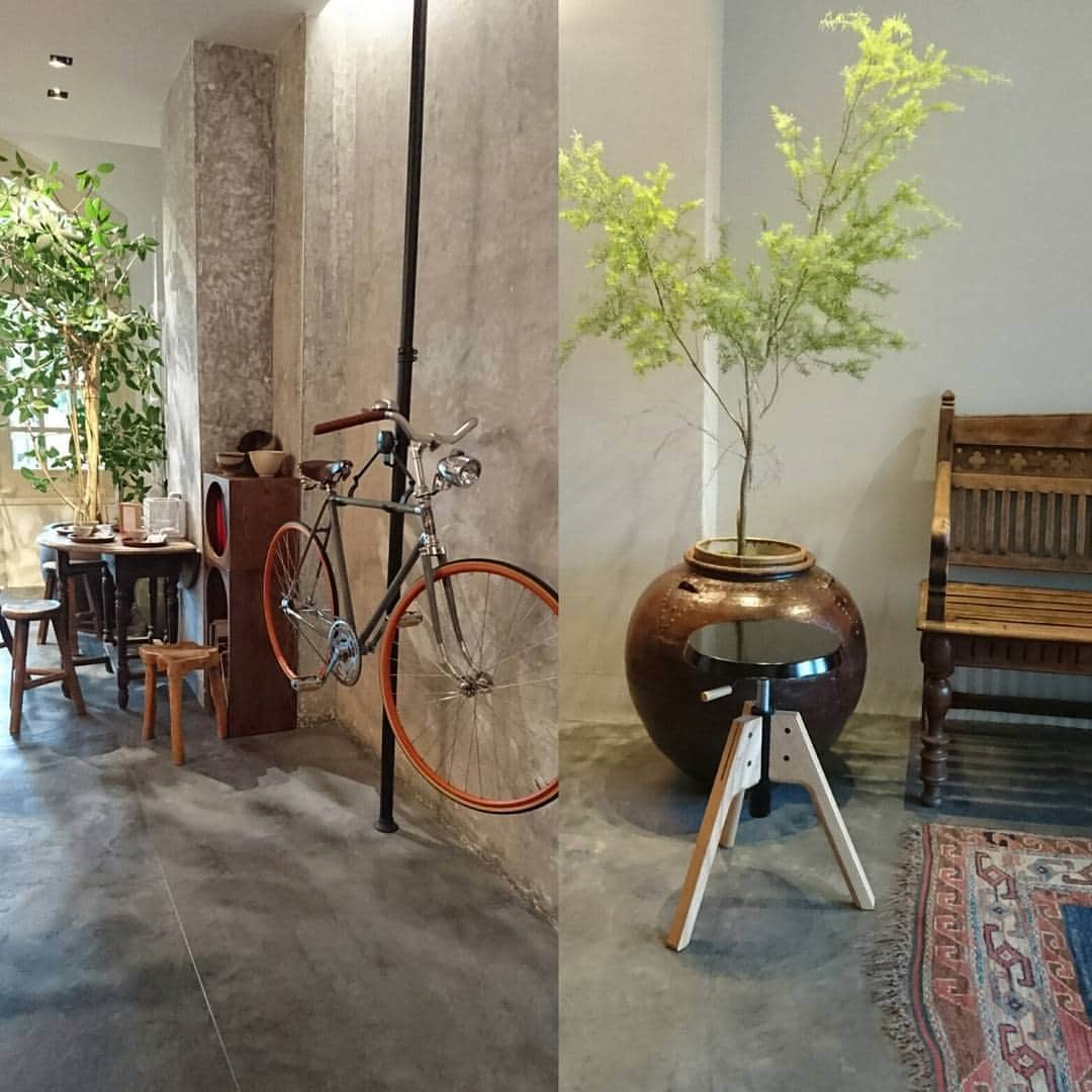 ファンファクトリーのインスタグラム：「#三島#伊豆 #新築#住宅 #インテリア #別荘 #カフェ  とあるカフェのインテリア シンプルな壁、床に自転車と家具がいい感じです。」