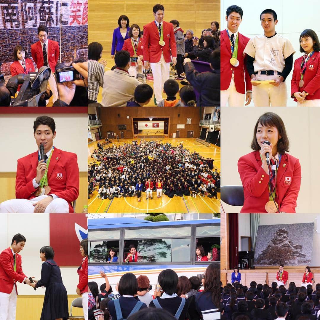 のインスタグラム：「【JOC熊本地震支援活動】初日は南阿蘇中学校、嘉島中学校、東野中学校の3校を訪問しました。たくさんのご来場、ありがとうございました！  #南阿蘇中学校 #嘉島中学校 #東野中学校 #萩野公介 #三宅宏実 #高橋尚子 #reconstraction #kumamoto #Rio2016 #KosukeHagino #HiromiMiyake #NaokoTakahashi #Swimming #Weightlifting #Athletics #Olympics #熊本地震 #復興支援 #オリンピック #応援ありがとう #がんばれニッポン #TEAMNIPPON #japaneseolympiccommittee」