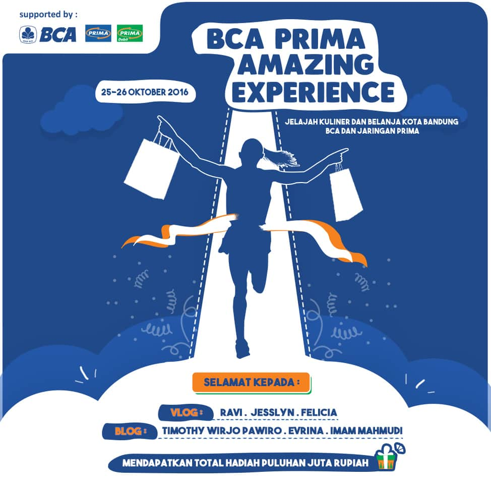 B Blogのインスタグラム：「Hello Bloggers,  Bagi para peserta BCA Prima Amazing Experience beberapa waktu lalu, sebelumnya, BCA dan juga PT Rintis Sejahtera mengucapkan terima kasih atas partisipasinya dalam acara ini dan tentunya atas kepercayaan menggunakan produk dan layanan BCA maupun Jaringan Prima.  Kamu pastinya sudah tidak sabar untuk tahu siapa yang menjadi pemenang untuk kategori Blog dan Vlog! Berikut adalah nama-nama pemenangnya:  Blog:  Juara I: Timothy Wirjo Prawiro (hadiah Rp 5.000.000,00)  Juara II: Evrina (hadiah Rp 3.000.000,00)  Juara III: Imam Mahmudi (hadiah Rp 2.000.000,00)  Vlog:  Juara I: Ravi (hadiah Rp 3.000.000,00)  Juara II: Jesslyn (hadiah Rp 2.000.000,00)  Juara III: Felicia (hadiah Rp 1.000.000,00)  Selamat untuk para pemenang!! * NOTE : Bagi para pemenang diharapkan untuk mengirimkan data diri (Nama Lengkap, No Rek,  No HP dan Scan KTP) ke info@bblog.co.id ya. Ditunggu hingga Jumat, 25 November 2016.  Terima kasih :) #AmazingBCAPrima」