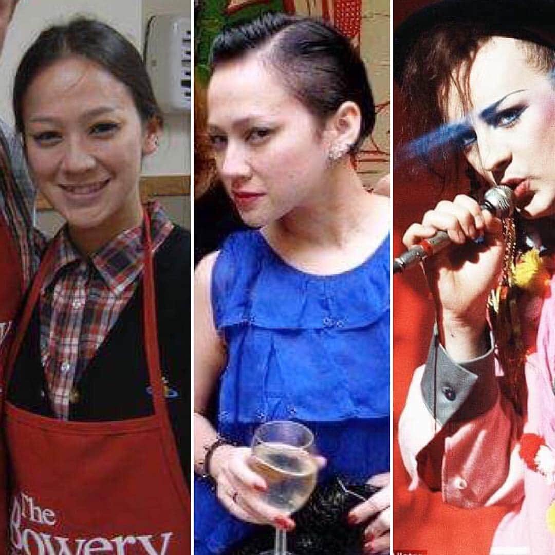 小林尊のインスタグラム：「Before-After-Sometimes.  @maggiechatter volunteering on Thanksgiving Day, drinking w friends on her downtime, & being a star for life.⭐️😆😁マギーの、サンクスギビングのボランティア、友達とのドリンキング、そして、スターでいる人生?😝😝 #boygeorge #maggiejames」