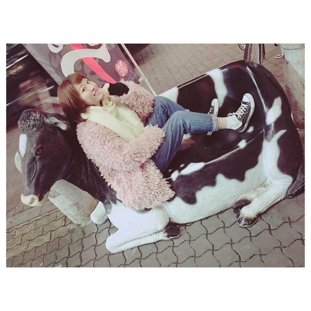 河野穂乃花のインスタグラム：「大阪ありがと❤️ 牛さんいつもありがとう🐄 タコさんもありがとう🐙 #大阪#たこ焼き#牛ベンチ」