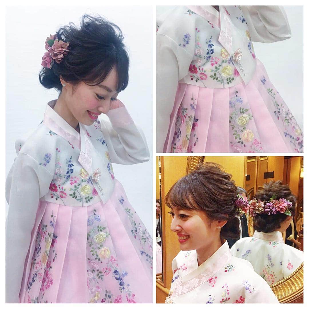 小祝麻里亜のインスタグラム：「このチマチョゴリかわいい〜と来てくださった方に言われたので、あっぷ🤗🤗ヘアスタイルも可愛い❗️そんな  @gen_dai のヘアスタイル本がまた発売されます…私はもうAmazonで予約済😍 --- #ウェディング#ヘアスタイル#ヘアアレンジ#伝統衣すんす#すんす#チマチョゴリ#チョゴリ #韓国#韓服#刺繍#披露宴#花嫁#名古屋#マリオット#koreanstyle #hairarrange#gendai#wedding#nagoya#marriott#1119_wedding #치마저고리」