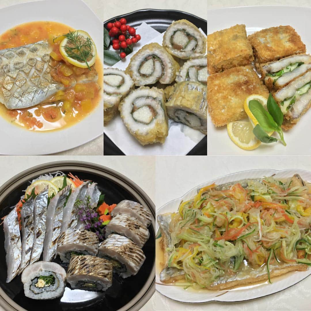 和多田藍のインスタグラム：「今夜は豪華に#太刀魚 尽くしです🐟✨ 捌くのもお料理もぜ〜んぶ一人でしていますよ😚💕 リクエストにお応えして♡炙り#刺身 ♪ 楠本さんオススメの、お酢でしめてから炙った刺身で#巻き寿司 🍣 #ムニエル 🍾 長芋と梅しそ巻き#天ぷら #南蛮漬け モッツァレラチーズとバジルの#ミルフィーユカツ でした🍴 とっても肉厚でジューシーな#タチウオ でした❤️ どんな料理にしてもびっくりするほど美味しかったです😹 松山の海ありがとう〜〜🌊🐟💖 そしてドラゴン様🐉ありがとう🙏 #釣り #海釣り #晩ごはん #夕食 #献立 #手料理 #料理 #家庭料理 #cutlassfish #fishing #dinner #cooking #instafood #foodporn #foodstagram #nofilter」