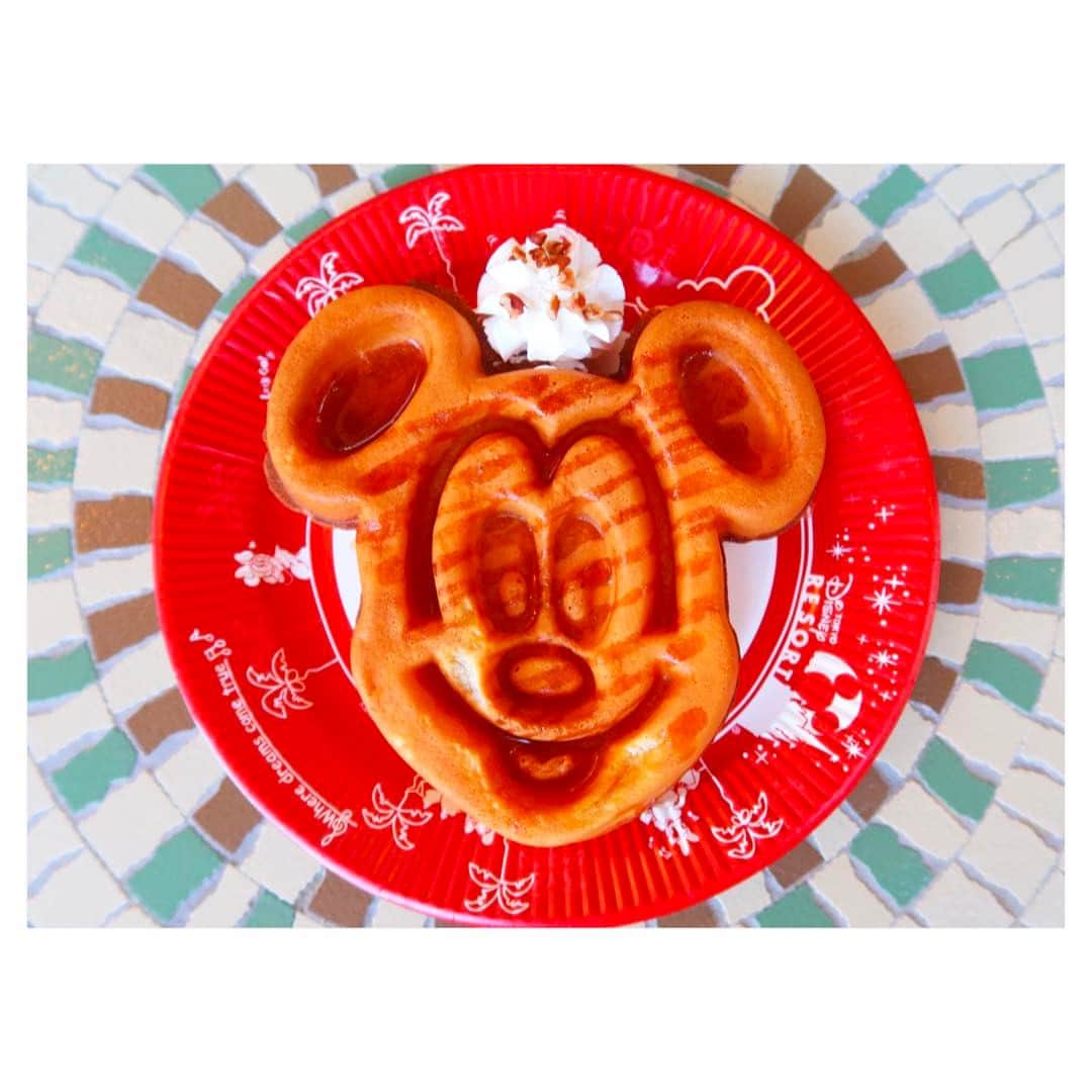 のインスタグラム：「見た目も味も◎！ディズニーランド🏰🌈来たら必ず食べたくなるミッキーワッフル🍴🍰🍯今日も美味しくいただきました😋💗💕 #disney #disneyland #tokyodisneyland #tokyodisneyresort #Mickey #Mickeywaffle #ディズニー #ディズニーランド #ミッキーワッフル #スイーツ #お気に入り #パンケーキ」