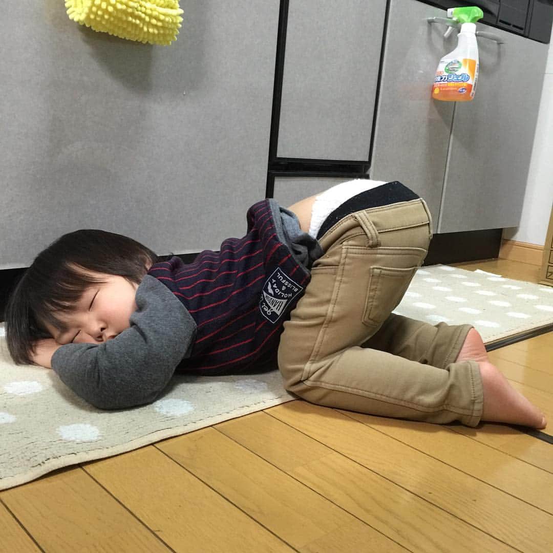 ぺんちゃんねるのインスタグラム：「* 限界寝 * ご飯作ってる私の足元で寝たwww また謎の体勢！ * 抱っこして〜とか言ってたから もう限界だったのね💦 ごめんね〜😓 * でもかわいいから 写真だけ撮らせて♡ * * #follow #kids #instakids #TagsForLikes #children #childrenphoto #love #cute #adorable #instagood #young #sweet #like #little #fun #photooftheday #family #baby #instababy #play #happy #smile #instacute #ファインダー越しの私の世界 #幸せ #かわいい #子供 #親バカ部 #親バカ」