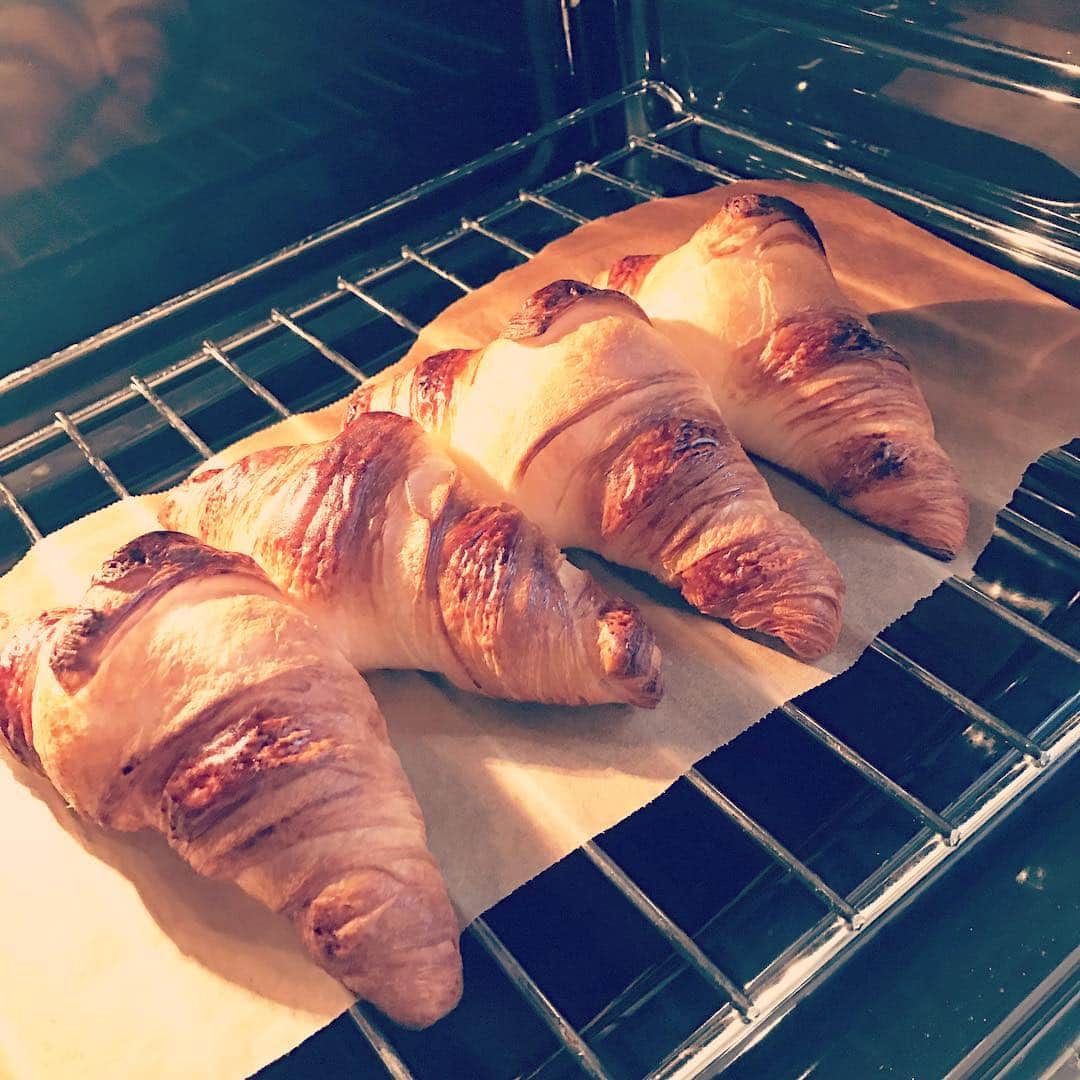 MEGのインスタグラム：「朝、冷凍庫から生地を取り出してオーブンで20分、焼きたてクロワッサンという技を身につけた！ ふくらみすぎて、食べ過ぎたお腹さすってるみたいなフォルムになった。#🍞」