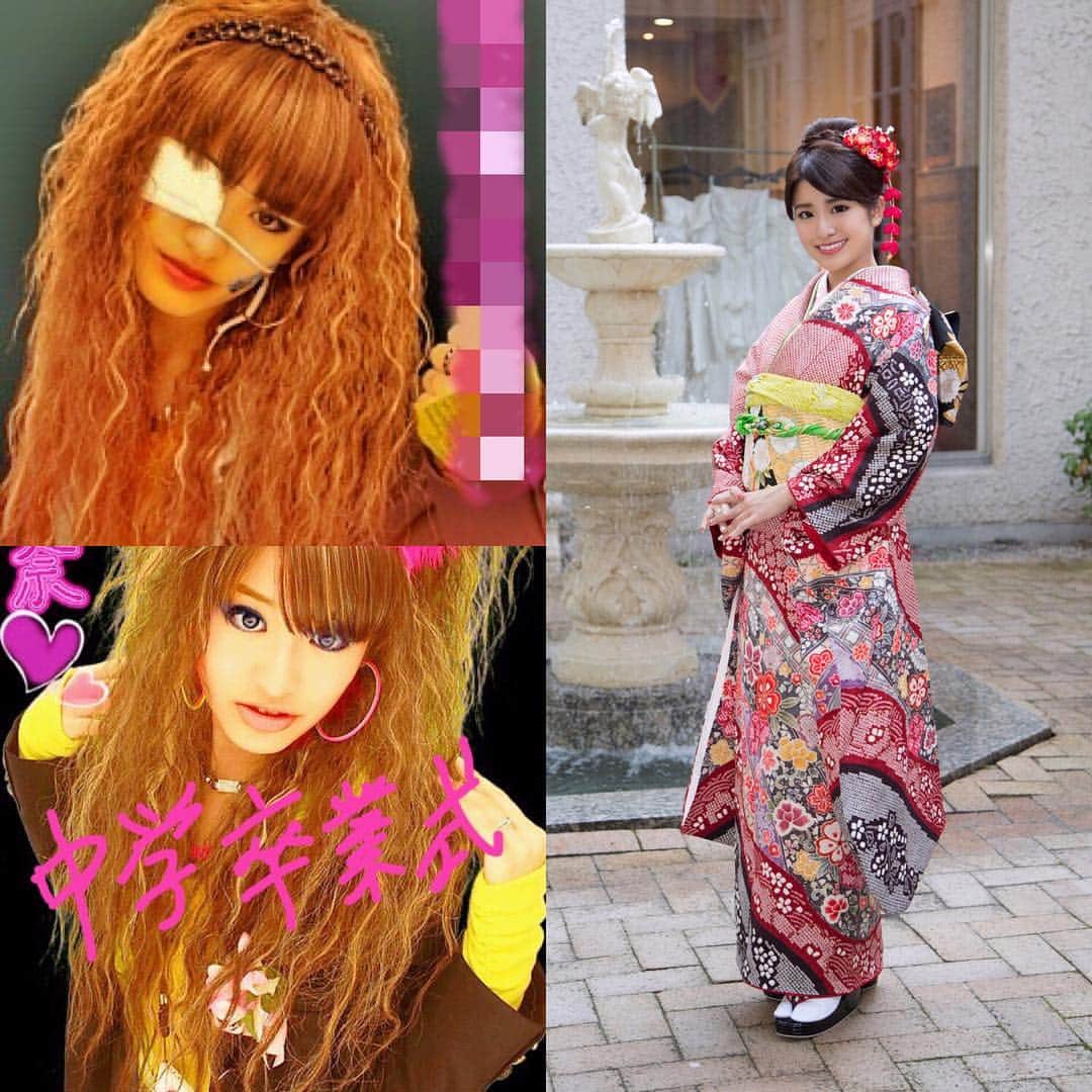 鈴木まりなさんのインスタグラム写真 - (鈴木まりなInstagram)「左は中学生 右は成人式💋 みんな成人式ではっちゃけてるけど（笑） マリナは小中高ド派手だったから 成人式は古典的な振袖着たよ🎎 ・ 振袖はミス日本のときに着た #菊京屋 さんの#総絞り 💖 ・ 中学懐かしすぎる〜💜笑 PSY狂卍卍卍 ・ ・ ・ ・ ・ ・ #成人おめでとう #成人式 #成人式振り返り  #最強 #PSY狂 #懐かしき #中学時代 #天上天下唯我独尊 #夜露死苦 #卍 #気合い系 #硬派 #チャラい系撲滅 #炎上 #炎上時代 #炎上クイーン #ありがとう #鈴木マリナ #suzukimarina」1月9日 20時38分 - marina_suzuki_official