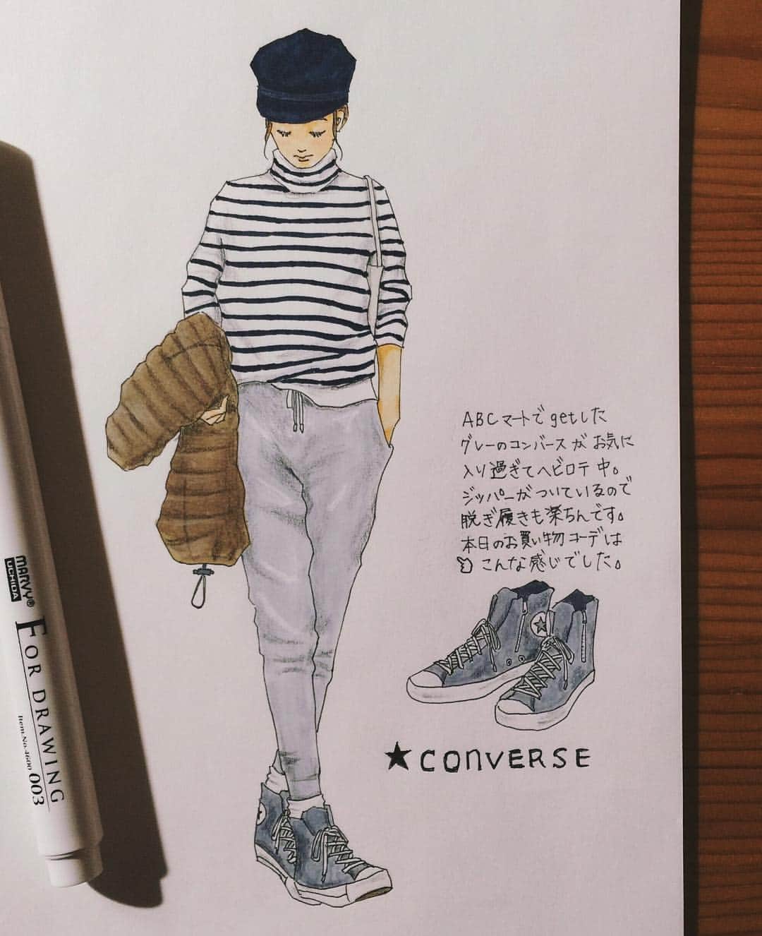 saekoのインスタグラム：「. ちょろっと食材の買い出しだけな日は、楽ちんな#スウェットパンツコーデ で。 スウェットパンツ大好き♡ イラストはイメージです ◟̆◞̆ (実際は帽子なし、ダウンはネイビー) . #イラスト #ファッションイラスト #アナログ #コピック #シンプルコーデ #ラフ #スウェット #hmboys #ダウン #tatras #タートルニット #スニーカー #コンバース #ハイカット #靴下 #靴下コーデ #fashionsketch #fashionillustration #cordinate #simple #draw #drawing #converse #sneaker #copic #sweat」