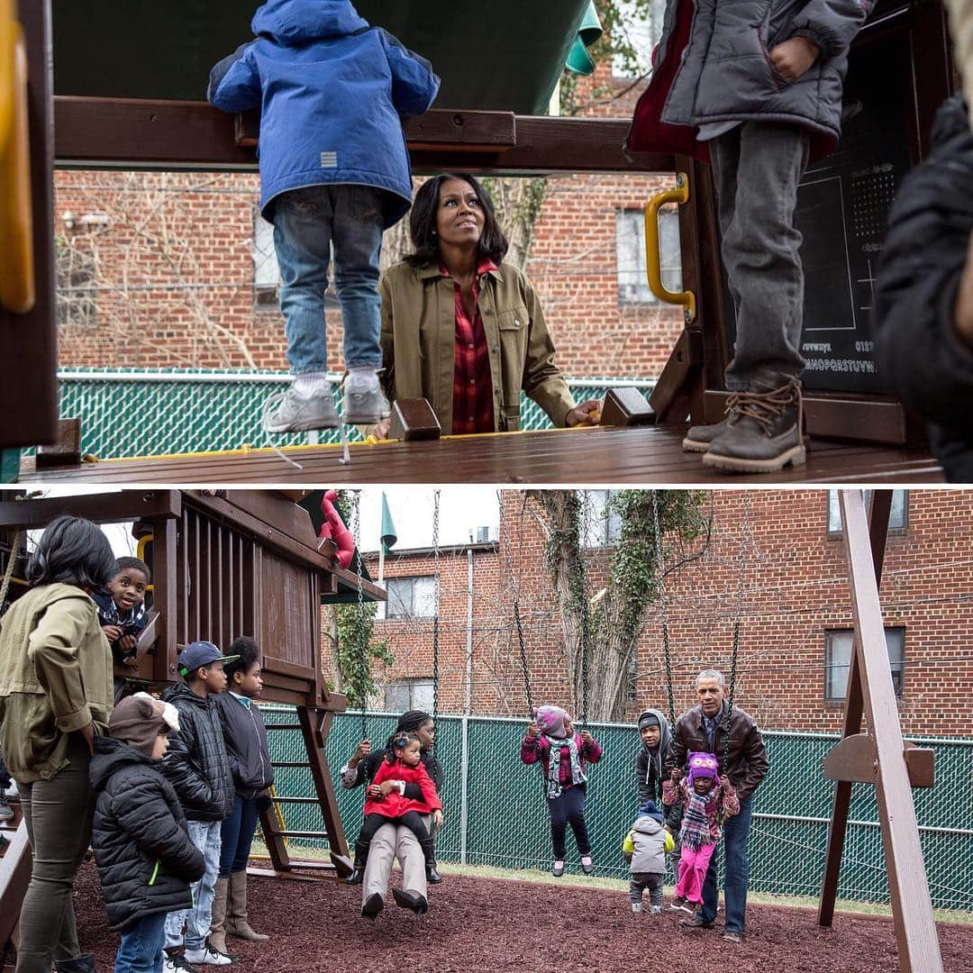 ミシェル・オバマのインスタグラム：「Today, the President and First Lady joined Americans across the country in a day of service to honor the legacy of Dr. Martin Luther King Jr. at Naylor Road Family Shelter – the new home of “Malia and Sasha's Castle,” the playset which sat outside the Oval Office for eight years.」