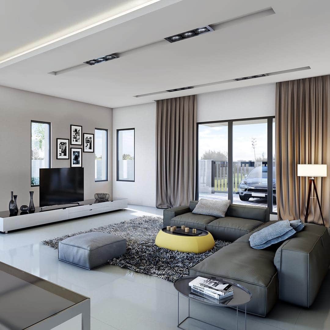 NuPropのインスタグラム：「Neutral tones and a pop of yellow for a modern touch. #nuprop #malaysiaproperty #interiordesign #moderndesign #livingroom #home」