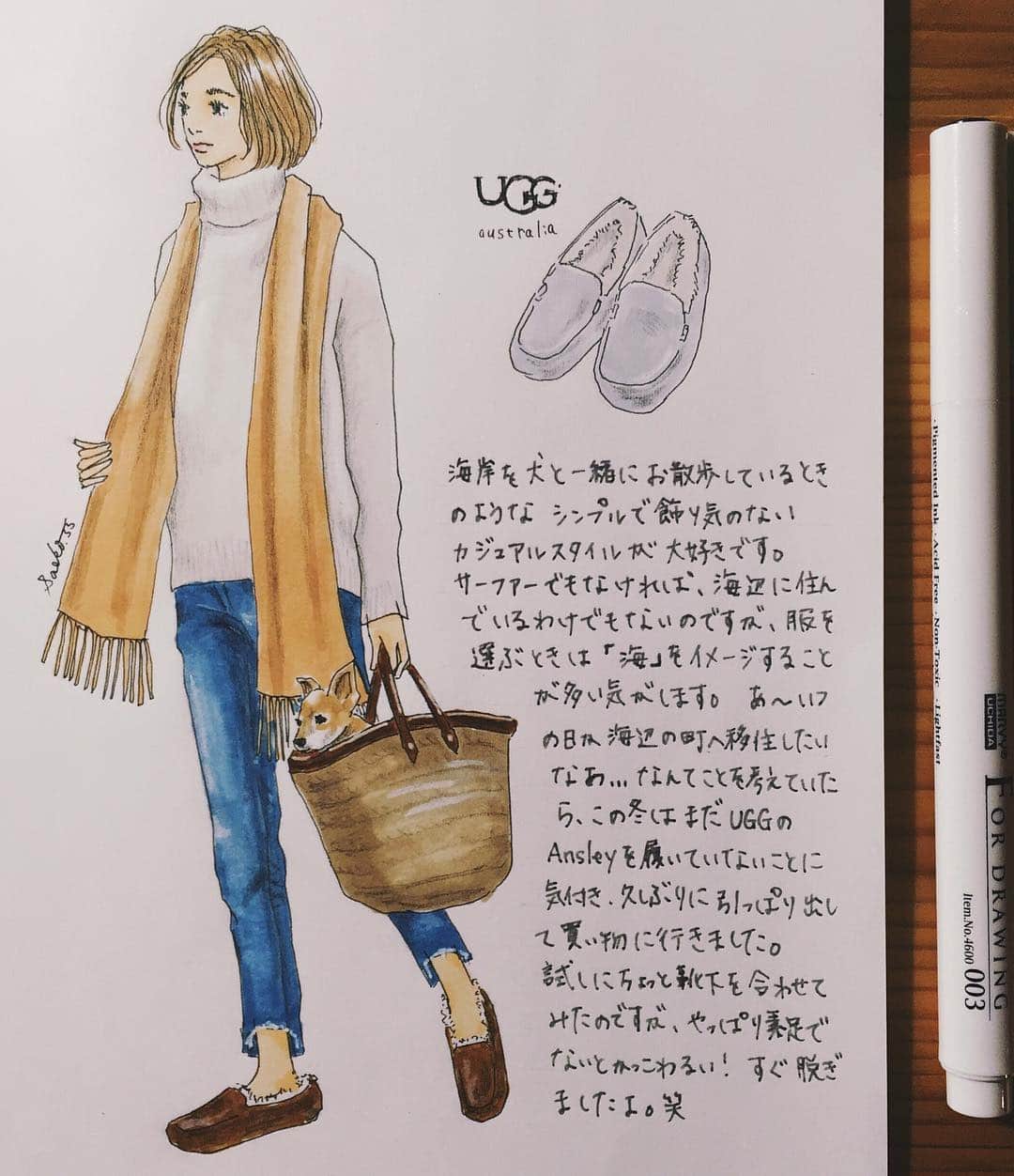 saekoのインスタグラム：「. 久しぶりにUGG履きました。 靴下がマイブーム中ですが、Ansleyはやっぱり素足がかっこいい✨ #バッグの中に犬がいるよ . お返事前のpostごめんなさい🙇🏻 . #イラスト #ファッションイラスト #コピック #アナログ #大人コーデ #海コーデ #小型犬 #アグ #ugg #アンスレー #ansley #かごバッグ #デニム #zara #ボブ #ショートボブ #無造作ヘア #ストール #カシミア #タートルニット #アラフィフ #アラフォー #ナチュラルメイク #fashionsketch #fashionillustration #draw #drawing #denim #copic」