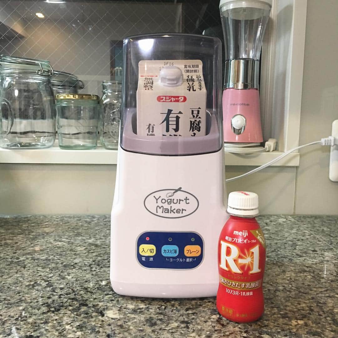 のインスタグラム：「. . 無調整豆乳 × R-1培養ちう . 明日の朝が楽しみ♡. . #手づくりヨーグルト #ヨーグルトメーカー #豆乳ヨーグルト #R1ヨーグルト #R1培養 #無調整豆乳 #初挑戦」