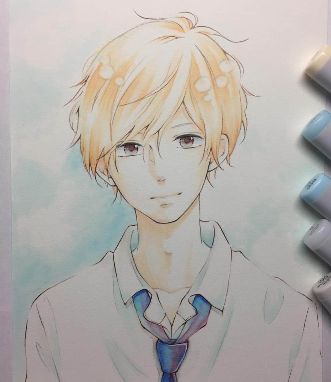 咲良りえのインスタグラム：「. これもイラスト交換のリクエストで描いたやつ😊🙌 知らない作品だけど、Twitterにあげた時に”おみくん””おみきゅん”と反応もらえて作品の人気さを知ったので✨寝る前にでも試し読みしてみよ😙💕 . #koiwazurainoellie #ellieislovesick  #恋わずらいのエリー #近江章 #藤もも 先生」