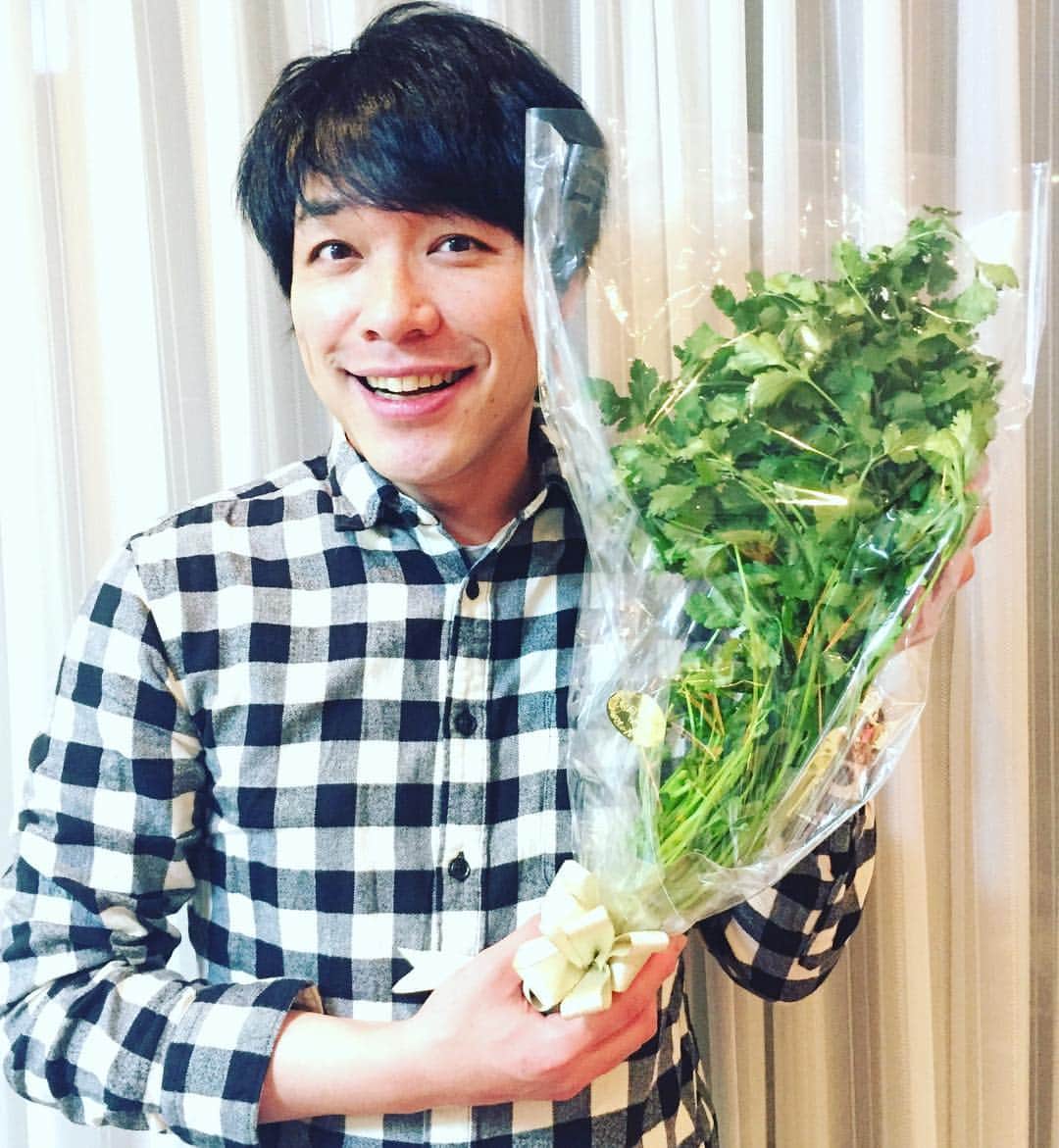 川島明のインスタグラム：「誕生日ということで番組から花束ならぬ、パクチー束をいただいたよ！ 大好物なので嬉しいよ！」