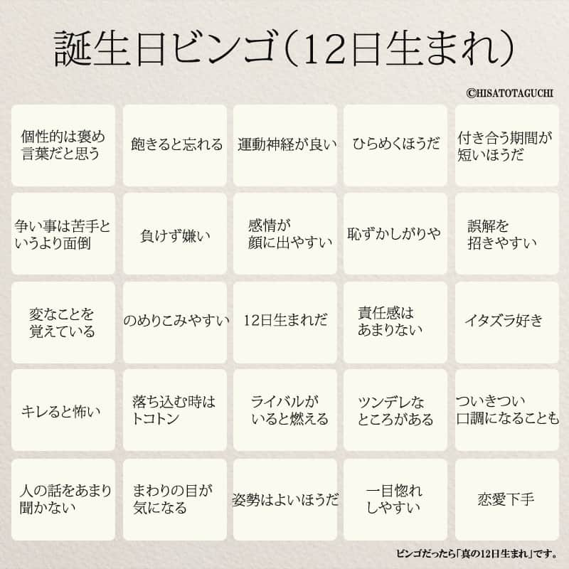 yumekanauさんのインスタグラム写真 - (yumekanauInstagram)「「誕生日ビンゴ（12日生まれバージョン）」本日お誕生日の方、おめでとうございます！もしも、まわりにお誕生日の方がいれば画像をプレゼントしてください。 . また、2月以外の#12日生まれ の方もチャレンジを。#血液型ビンゴ の結果と合わせてみると面白いかもしれません。 . . 2月12日の生まれの著名人には「#川栄李奈 」「#榮倉奈々 @nana_eikura 」「#下平さやか 」がいます。 . .  #誕生日ビンゴ#ブラジャーの日#2月12日#12日#日本語勉強#占い」2月12日 7時34分 - yumekanau2