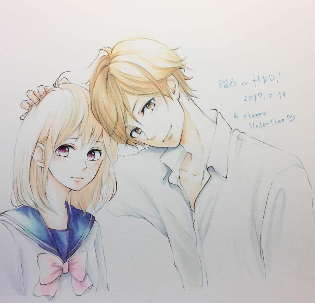 咲良りえのインスタグラム：「. ハッピーバレンタイン😊💝💝 . 作中ではこんな♡な関係の２人では無いけれど。。。この男の子の誕生日イラストってことで  オリジナルなカップルver.構図考えて描いてみた〜😗💛 …男の子ばかり描いてるから、たまに女の子描くと危うく喉仏描きそうになる😂 . #harumatsubokura #miyamotorui #anashin #春待つ僕ら #宮本瑠衣 #春野美月 #あなしん 先生」