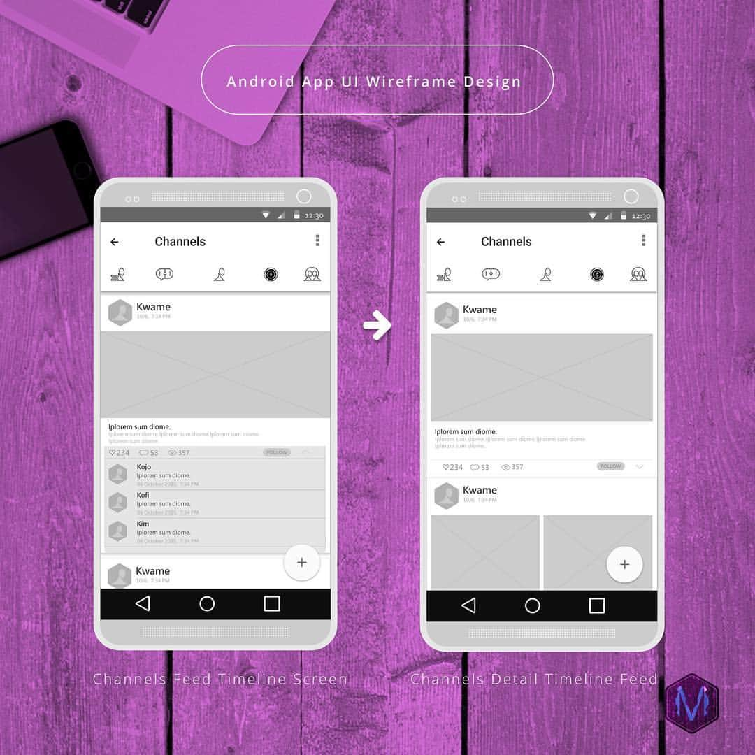 Mockups Interactiveのインスタグラム：「Android UI Wireframe smartphone  Design - Channels feed timeline screen - 📱🖋📐✏️📏🏳️‍🌈👆🏿✒️#miworx #uidesign #uxdesign  #uirefram  #design #interface #userinterface #userexperience #ux #webdesign #graphic #graphics #graphicdesign #pixel #webdesigner #uidesign #creative #color #vector #flatdesign #app #art #artwork #illustration #icon #7daysof #artisitic #portfolio」