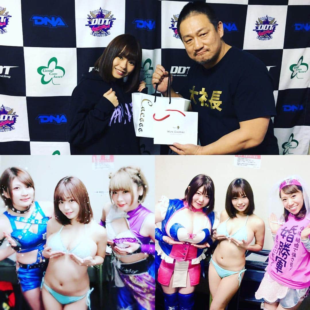 和地つかささんのインスタグラム写真 - (和地つかさInstagram)「昨日はDDTプロレスさん男性限定イベント「野郎Z」ありがとうございました！ 初のラウンドガール(！？)すごくたのしかったです！たくさん素敵な写真いただいたので随時あげさせていただきます💓  今回、呼んでくださった高木大社長！ ありがとうございます😊💕 バレンタインらしくなかった1日が急にたのしい1日になりました🌸  のの子さんとは番組以来の再会✨ のの子さん、あずささん、アクトレスガールズのおふたりもわちパイポーズをしてくださいました！  #ddtpro #DDTプロレス #バレンタイン #野郎Z #高木大社長 #高木三四郎大社長 #高木三四郎 #アクトレスガールズ #安納サオリ #中野たむ #のの子 #滝川あずさ #婚勝軍 #グラドル #和地つかさ #わちパイポーズ #ブログもちゃんと書きます」2月15日 17時43分 - tsutam_