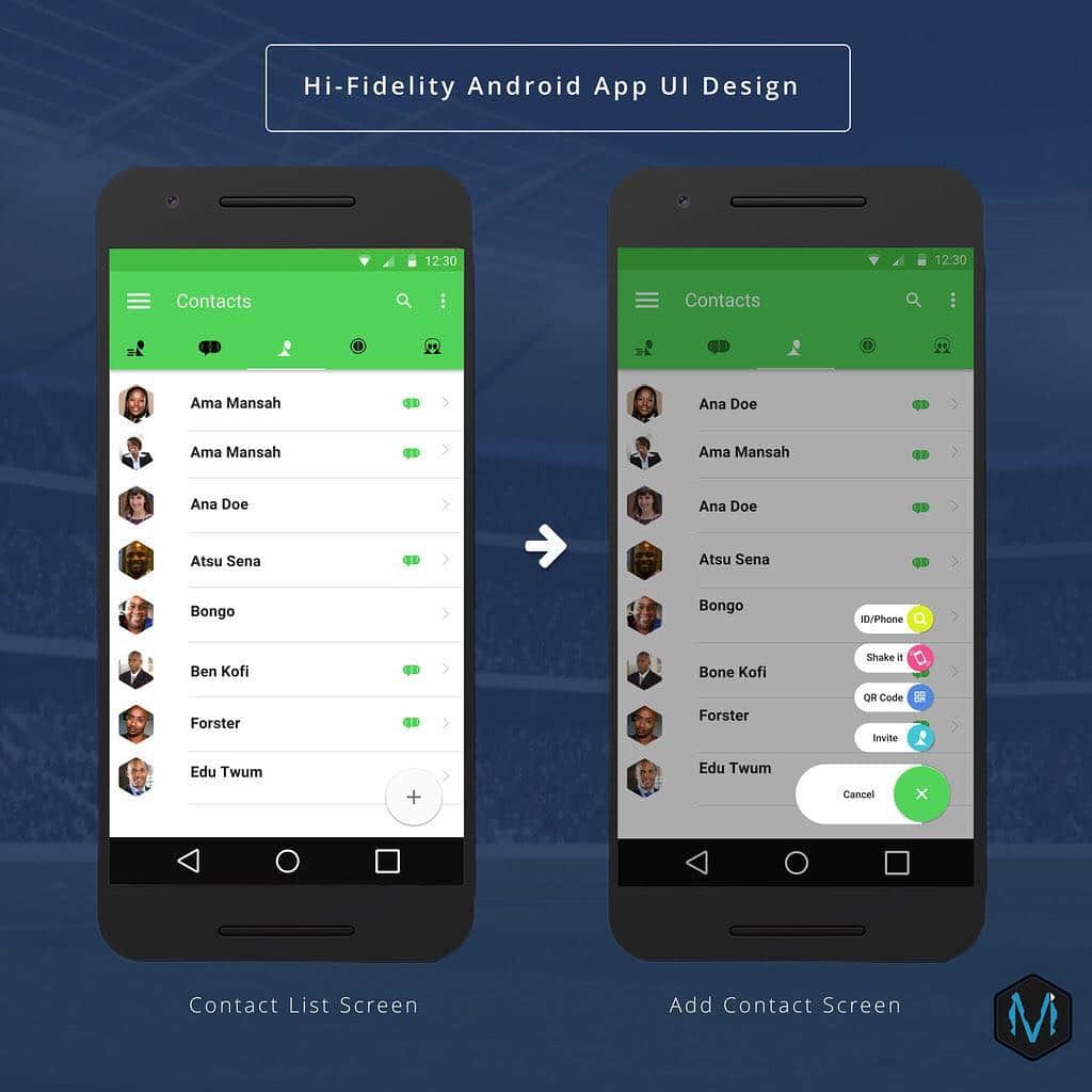 Mockups Interactiveのインスタグラム：「Hi-Fidelity Android APP UI Mockup Design ✏️📐📏[📲Contact list Screen ] #miworx #androidapp #materialdesign #uidesign #uxdesign  #uirefram  #design #interface #userinterface #userexperience #ux #webdesign #graphic #graphics #graphicdesign #pixel #webdesigner #uidesign #creative #color #vector#uiuxgh」
