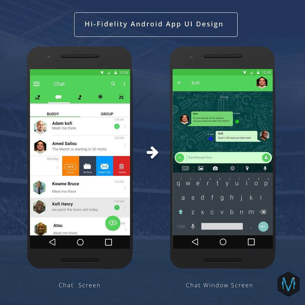 Mockups Interactiveのインスタグラム：「Hi-Fidelity Android APP UI Mockup Design ✏️📐📏[📲Chat list & chat window Screen ] #miworx #androidapp #materialdesign #uidesign #uxdesign  #uirefram  #design #interface #userinterface #userexperience #ux #webdesign #graphic #graphics #graphicdesign #pixel #webdesigner #uidesign #creative #color #vector #ghanabusiness #Accra #ghanaart」