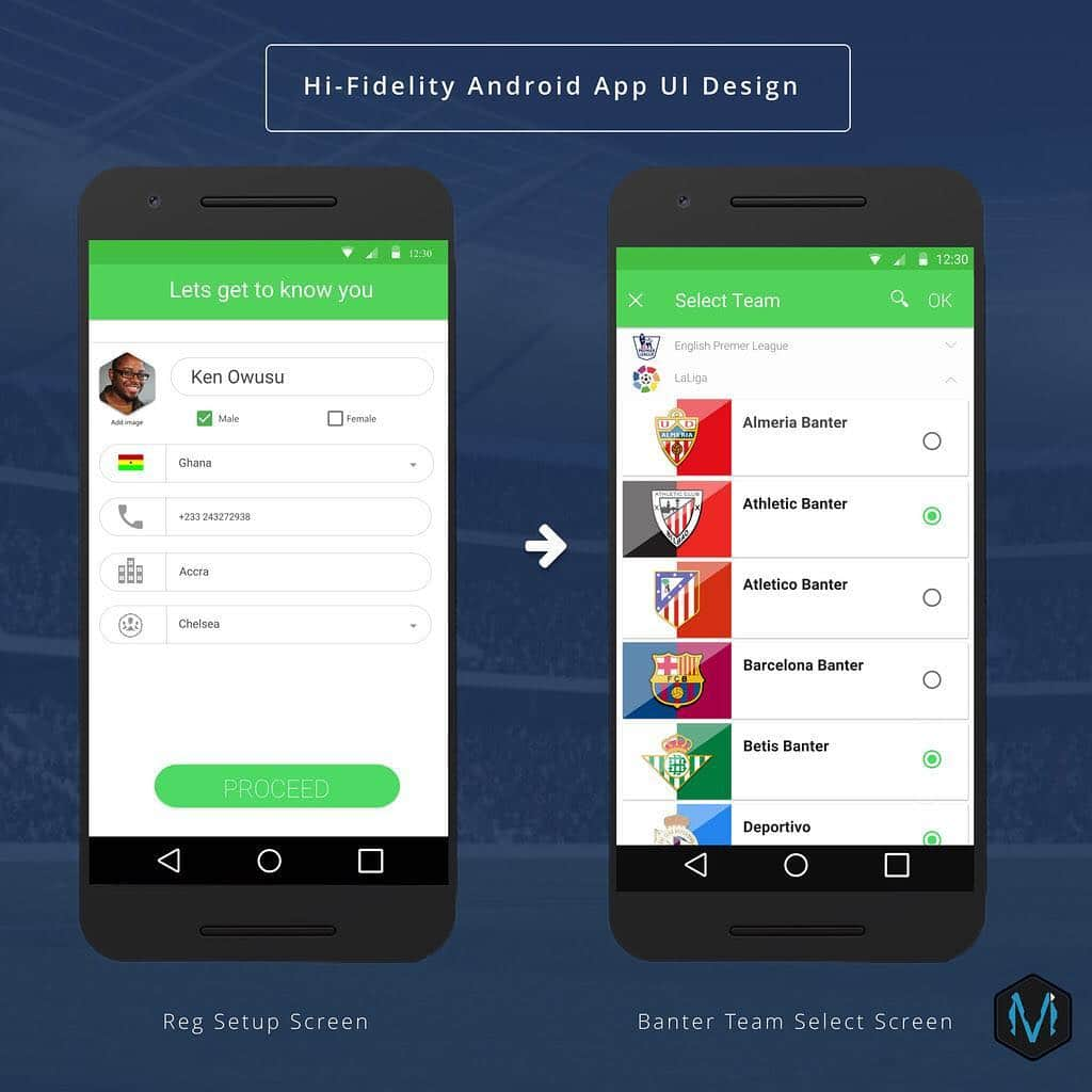 Mockups Interactiveさんのインスタグラム写真 - (Mockups InteractiveInstagram)「Hi-Fidelity Android APP UI Mockup Design ✏️📐📏[📲Reg. Setup & Banter Team select Screen ] #miworx #androidapp #materialdesign #uidesign #uxdesign  #uirefram  #design #interface #userinterface #userexperience #ux #webdesign #graphic #graphics #graphicdesign #pixel #webdesigner #uidesign #creative #color #vector#ghanabusiness #Ghana #Accra#uiuxgh」2月19日 9時32分 - mockupsinteractive