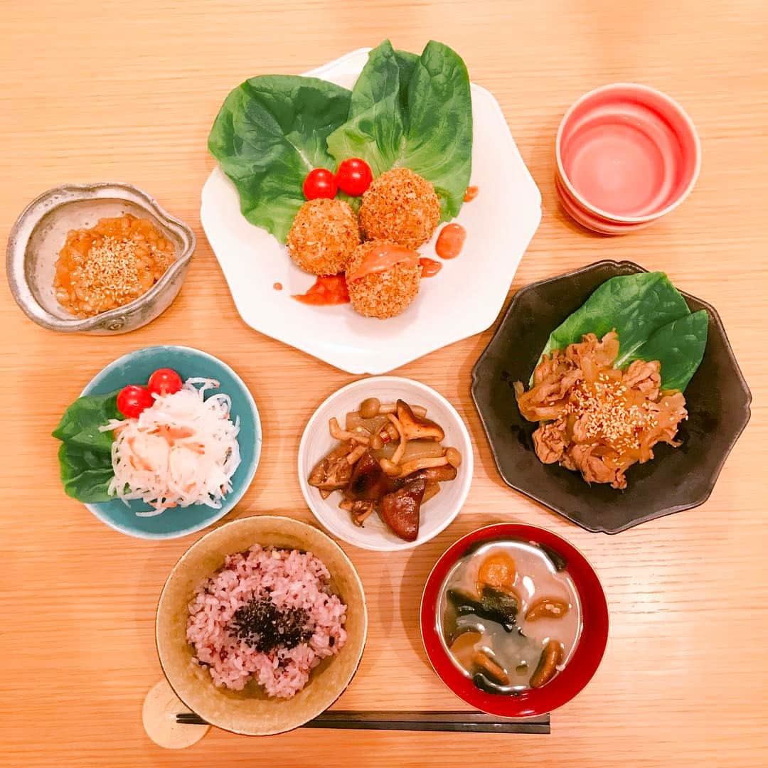 松井絵里奈さんのインスタグラム写真 - (松井絵里奈Instagram)「今夜のえりなごはんは… 昨日の食材をアレンジ♡ 3人前です〜 ⚫︎おからコロッケ ⚫︎大和ポーク生姜煮 ⚫︎こんにゃくときのこソテー ⚫︎大根サラダ ⚫︎たくあん納豆 ⚫︎ひらきなめこのとわかめのお味噌汁 ⚫︎昆布入り十六穀米 #大和ポーク #アレンジ料理 #奈良食材 #揚げないコロッケ #ヘルシー  #えりなごはん」2月19日 22時24分 - erina74xx
