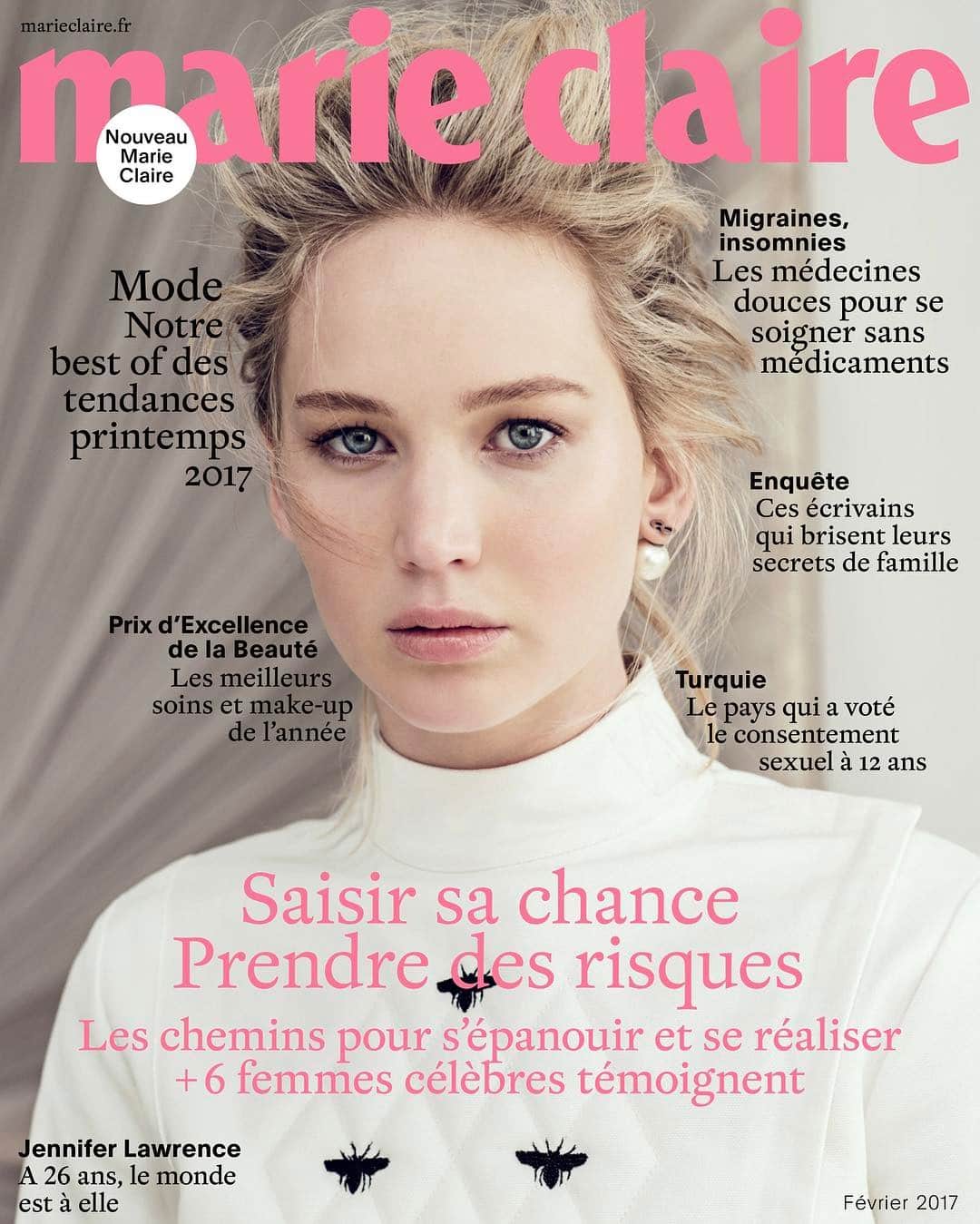 のインスタグラム：「Thank you to @MarieClairefr for their cover featuring our muse Jennifer Lawrence, wearing a Dior embroidered vest and new Dior Tribales earrings from #MariaGraziaChiuri's Spring-Summer 2017 Collection. #DiorSS17」