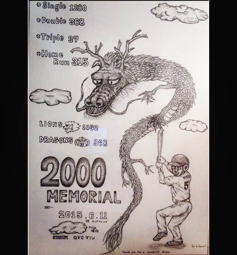英智さんのインスタグラム写真 - (英智Instagram)「以前、快く受け取ってもらえた絵です。 シャープペンシルのみで描きました。 龍はイメージのみ。自分の中に存在している龍。ホントはシェンロンみたいに描きたかった。 #和田一浩 #シャープペンシル #2000安打  #県岐商  #先輩 #龍」3月3日 18時05分 - hidenorikuramoto