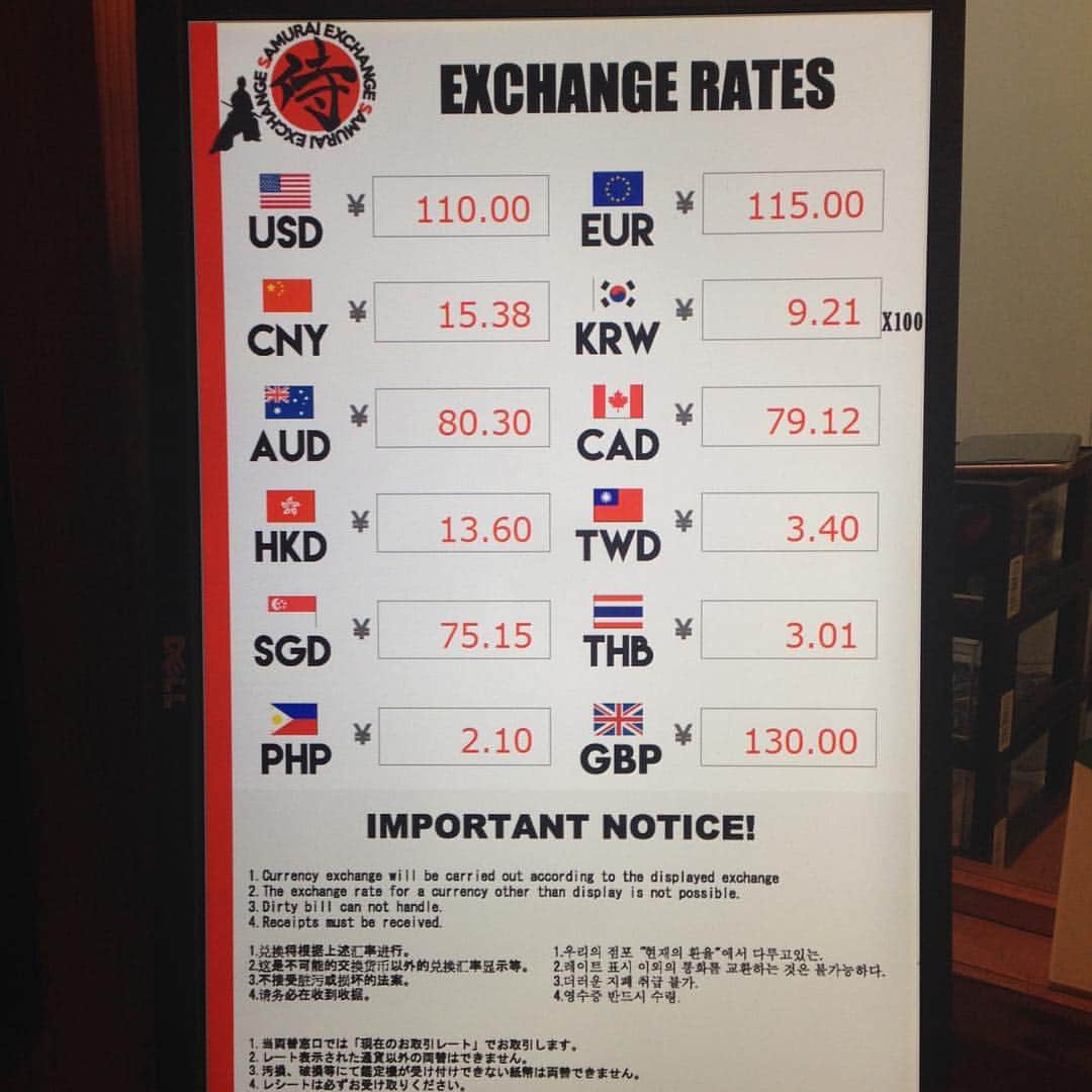 外貨両替専門SHOP【SAMURAI EXCHANGE】さんのインスタグラム写真 - (外貨両替専門SHOP【SAMURAI EXCHANGE】Instagram)「Hi, everyone! This is today's rate! #currency #currencyexchange #dotonbori #exchange #foreigncurrency #foreigncurrencyexchange #foreignexchange #japan #japanese #japaneseculture #japanesestyle #japanexchange #japanlover #japantour #japantravel #japantrip #japantrip2017 #kansai #kansaiairport #momey #okonomiyaki #osaka #osakajapan #shinsaibashi #takoyaki #travel #traveling #trip #vacation #namba」3月12日 13時56分 - samurai_ex