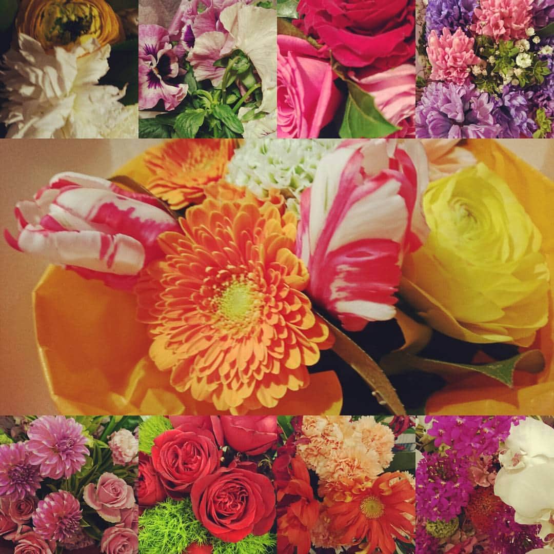 藤田朋子さんのインスタグラム写真 - (藤田朋子Instagram)「#花束 #ブーケ #ガーベラ #すみれ 薔薇 #ばら #色とりどり #flowers #bouquet #garbera #rose #violet #present #gift #yellow #pink」3月26日 19時36分 - chiendormant