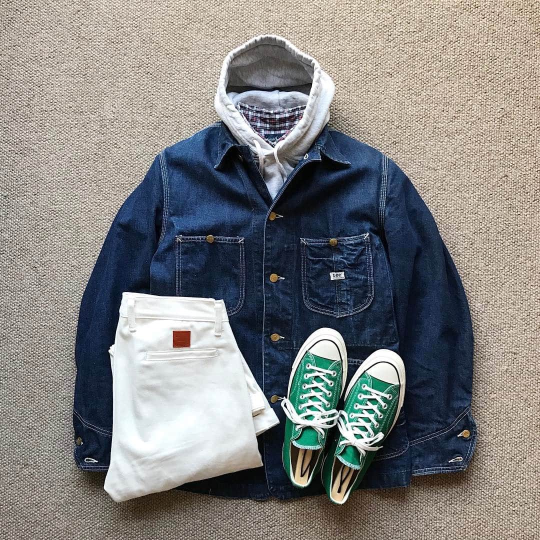 のインスタグラム：「Today's Outfit. ↓ 60's Vintage #Lee #91J Chore Jacket 60's Vintage #Pilgrim #SearsRoebuck Hood Sweat Shirt #RalphLauren Plaid BD-Shirt #Tellason Natural Denim Trousers #Converse #ChuckTaylor #CT70」