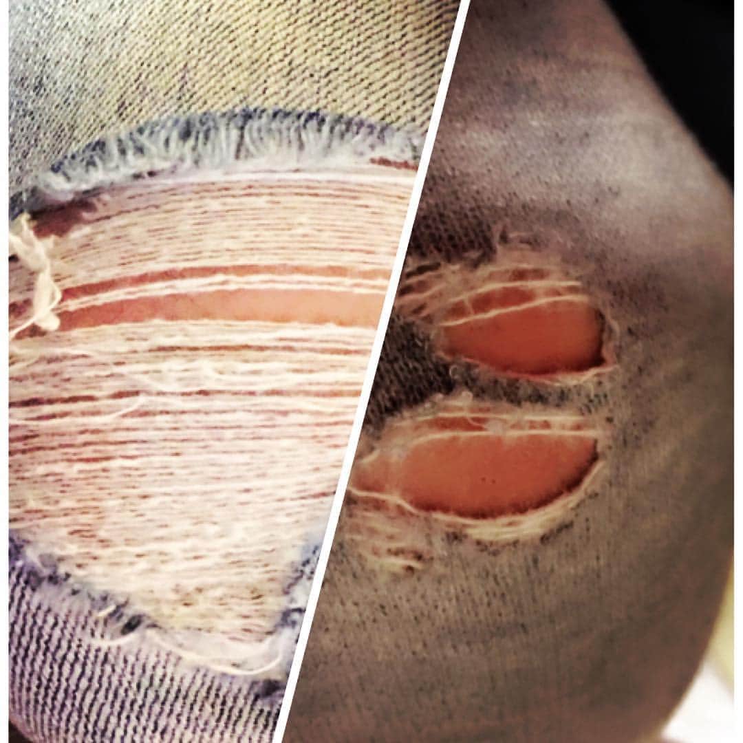 キヨのインスタグラム：「フジのダメージジーンズと俺のダメージスウェットのコラボじゃ！！！！！ フジ「お前の穴空いてるだけだべや」  #ダメージジーンズ #ダメージスウェット」