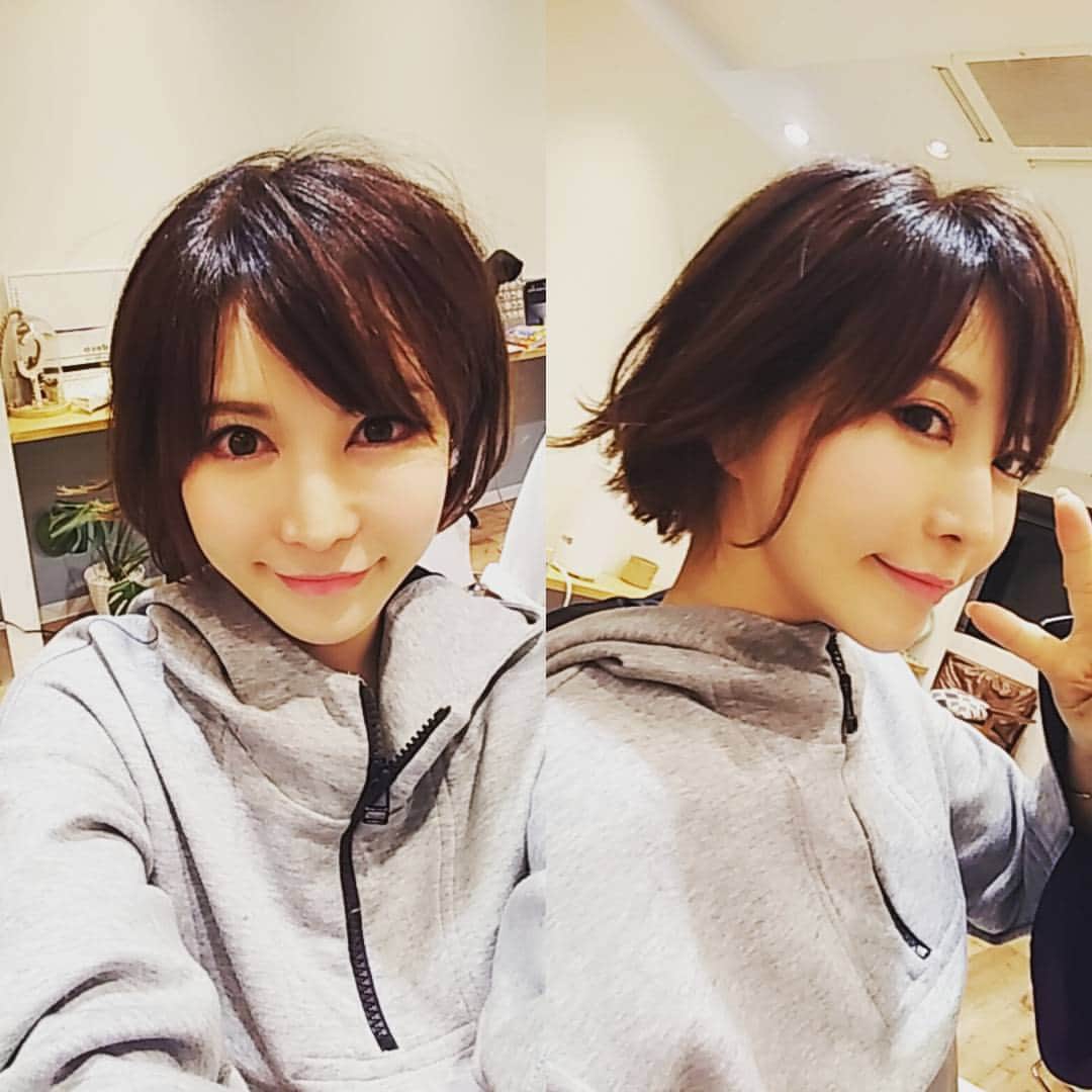 里美ゆりあのインスタグラム：「断髪式終了☺まずはこの長さで過ごしてみる♪ #ショートボブ #ショートカット#断髪式#美容院#お待たせしました#スッキリ」
