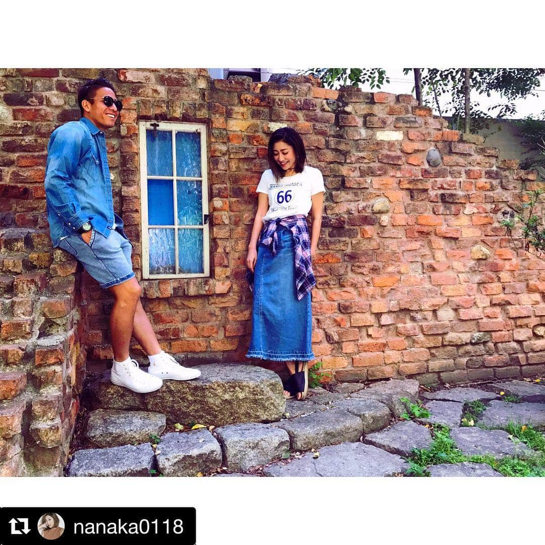 イオンモールリンクコーデCPアカウントのインスタグラム：「#Repost @nanaka0118 with @repostapp ・・・ Me&My husband👫💗 ・ #bayflow で夫婦リンクコーデ☺︎♪ たまに合わせて出かけたりするの(*´꒳`*) 👦🏽のデニムコーデ好き😍💙 ・ #イオンモールリンクコーデ #BAYFLOW #ベイフロー #pairlook #linkcode #codinate #style #fashion #look #ootd #outfit #denim #couple #husband #instagram #instadaily #👫 #💗」