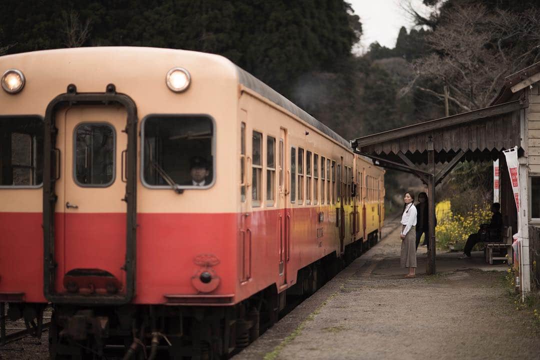 永吉令奈のインスタグラム：「昭和の雰囲気漂う菜の花畑を横断する電車と、帰ってこない人の帰りを待つ私。  photo by @takuyatomimatsu  #千葉 #昭和レトロ #日本の風景 #日本の文化 #自然 #永吉令奈」