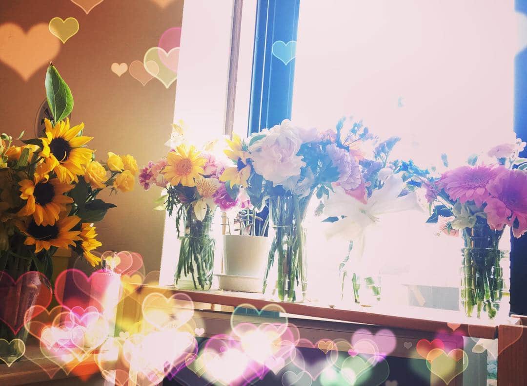 初芽里奈のインスタグラム：「ゴールデンウィークに頂いたお花🌸とても綺麗に咲いてます💕 いつもありがとうございます❤ この時期カーネーションをいただけるとちょっぴりお母さん気分💕  #お花 #母の日 #カーネーション #ひまわり」