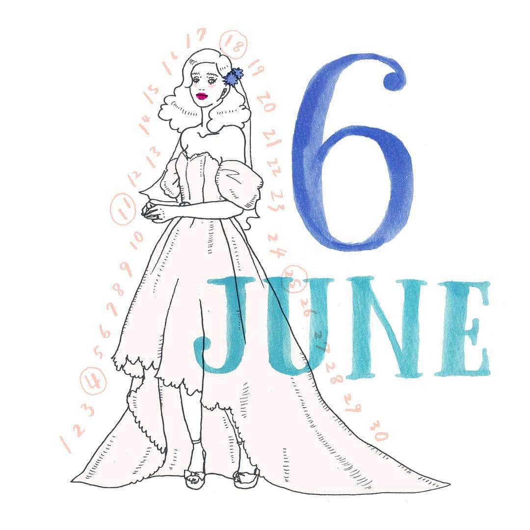 i.e.さんのインスタグラム写真 - (i.e.Instagram)「6月カレンダー！ . .  junebrideに因んで、ウエディングドレスの女の子。(ちなみに今月のゼクシィに載ってたドレスが激カワすぎて、それ描いてみた。) . .  丸で囲んである日が日曜日だよ🌂 今月もよろしくお願いします〜〜 . . .  #illustration  #illust  #illustrator  #イラストレーター  #イラスト  #fashion  #ファッション  #カレンダー  #june  #junebride  #wedding  #イタバモエカレンダー2017」6月3日 0時43分 - itabamoe