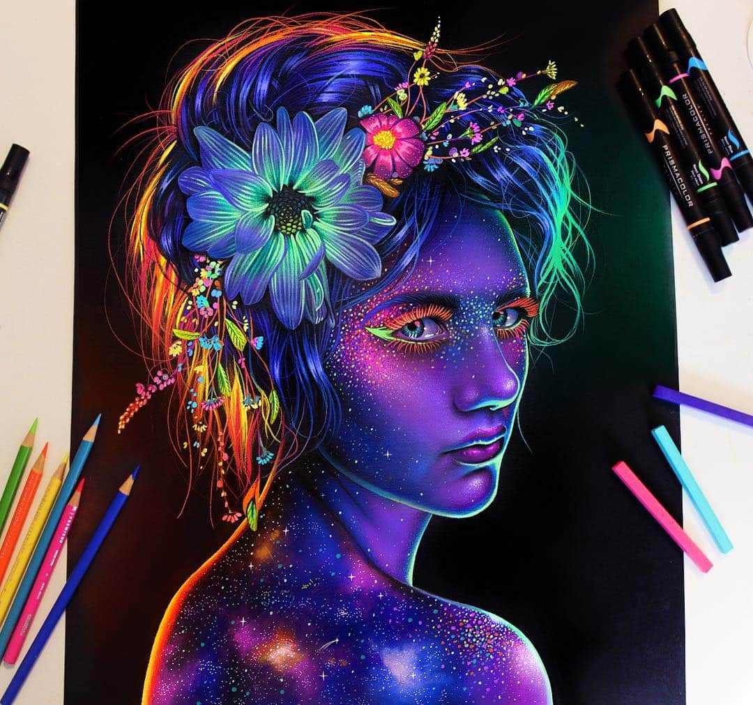 Morgan Davidsonさんのインスタグラム写真 - (Morgan DavidsonInstagram)「Think I'm pretty much done with this glowing galactic girl! 💖✨It started out as a black light portrait with glitter but the glitter turned into a galaxy on her lower half  because I couldn't help myself lol 🙊It's Prismacolor premier colored pencils, Prismacolor brush tipped markers, moltow acrylic paint pen and Prismacolor pastels on Canson colorline black paper! 💕 I might post a more final picture later! I hope everyone has a great weekend!! 💃 #prismacolor @prismacolor」6月3日 6時04分 - morgandavidson