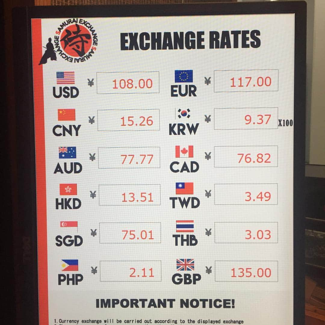 外貨両替専門SHOP【SAMURAI EXCHANGE】さんのインスタグラム写真 - (外貨両替専門SHOP【SAMURAI EXCHANGE】Instagram)「Hi everyone🎶 This is today's rate! Have a nice weekend! ☺️💕#currency #currencyexchange #dotonbori #exchange #foreigncurrency #foreigncurrencyexchange #foreignexchange #japan #japanese #japaneseculture #japanesestyle #japanexchange #japanlover #japantour #japantravel #japantrip #japantrip2017 #kansai #kansaiairport #momey #okonomiyaki #osaka #osakajapan #shinsaibashi #takoyaki #travel #traveling #trip #vacation #namba」5月13日 14時47分 - samurai_ex