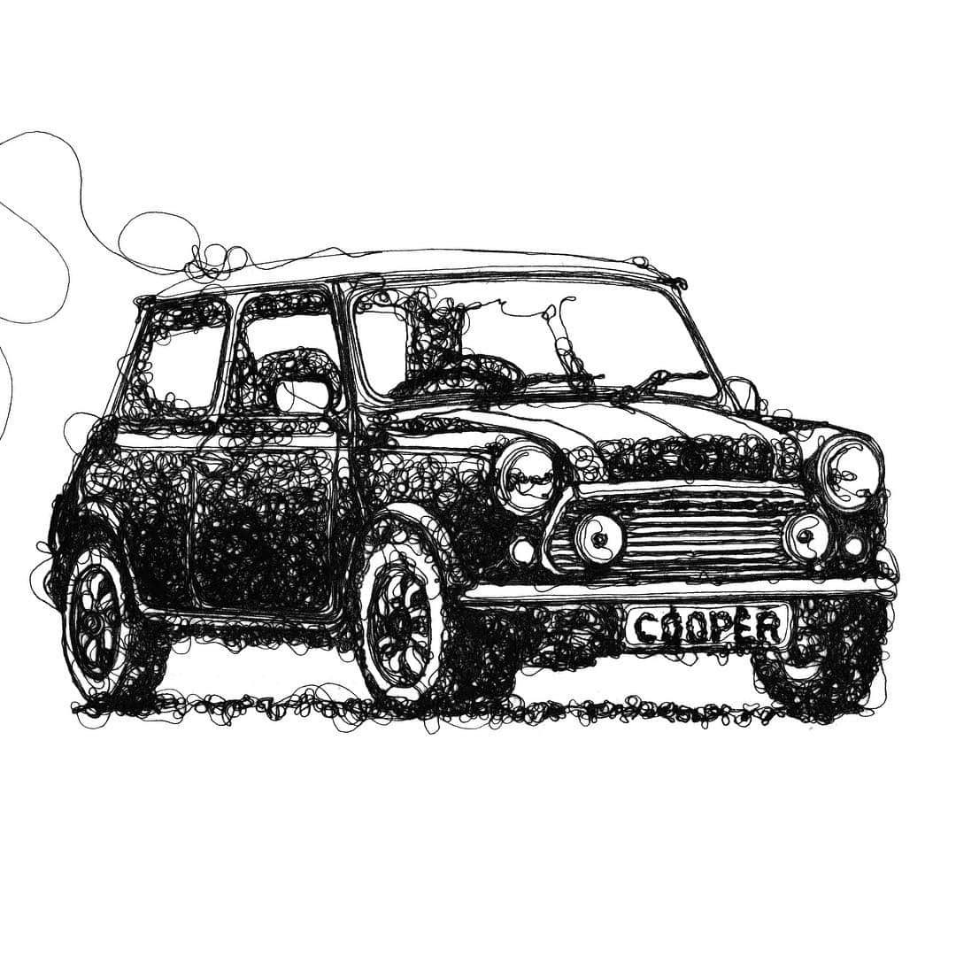 イワタニユウスケのインスタグラム：「糸で制作したイラスト☕️✨ #モノトーン #モノクローム #モノクロ #車 #イラスト #イラストレーション #アート #糸 #自動車 #ミニ #mini #岩谷裕介 #イワタニユウスケ #mkx」