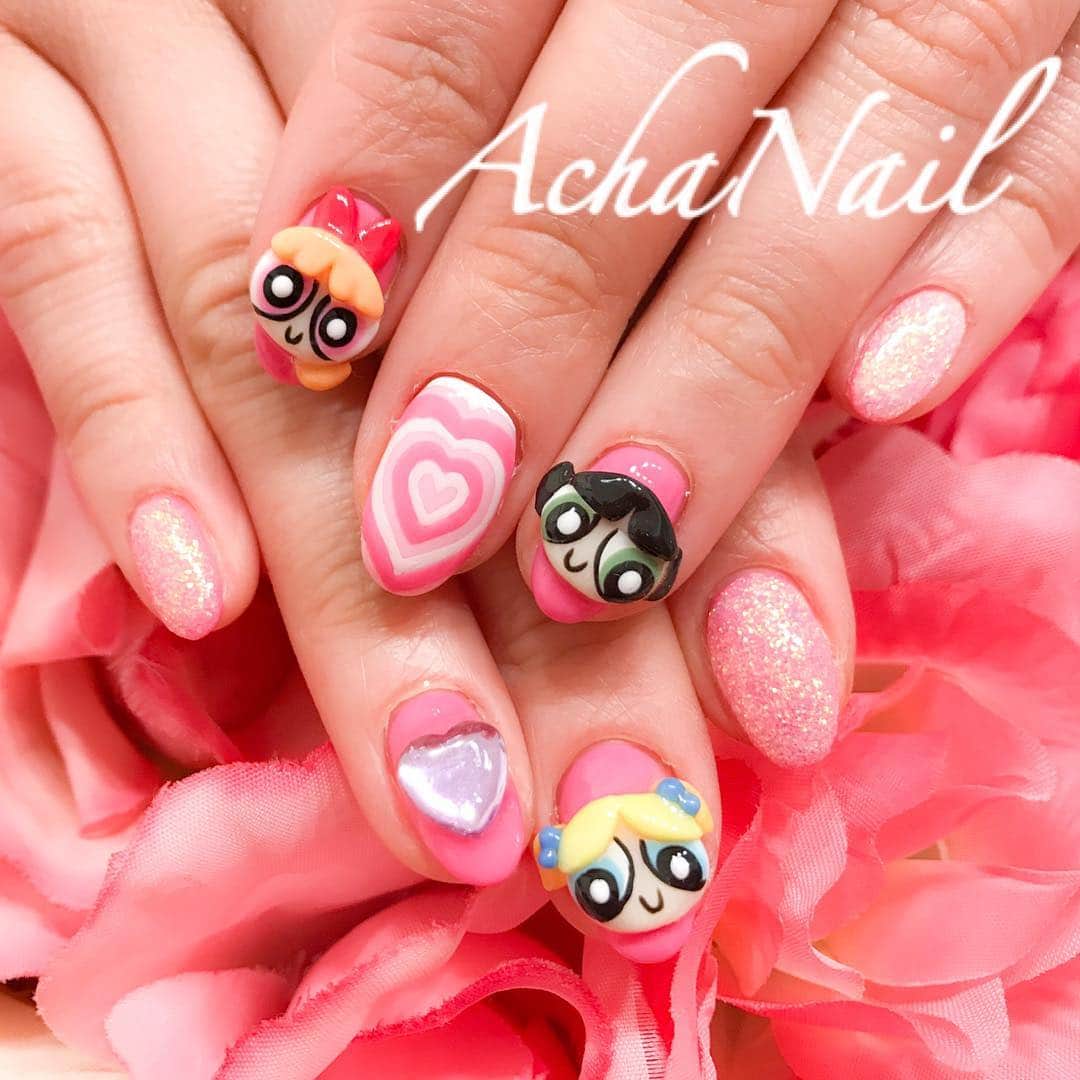 のインスタグラム：「‪パワーパフガールズ💖‬ ‪http://ameblo.jp/acha-nail/entry-12275611296.html‬ 。 ‪#キャラクターネイル #パワーパフガールズ #3Dネイル #パワーパフガールズネイル #ブロッサム #バターカップ #バブルス #ハートネイル #ネイル #ジェルネイル #フィルイン #南池袋 #池袋 #池袋ネイルサロン #ネイルデザイン #powerpuffgirls #3Dnailart #popnails #heartnails #Nails #AchaNail #NailStagram #InstaNails #Nailart #JapaneseNailart #NailDesign #Gelnails #kawaii #네일 #美甲‬」