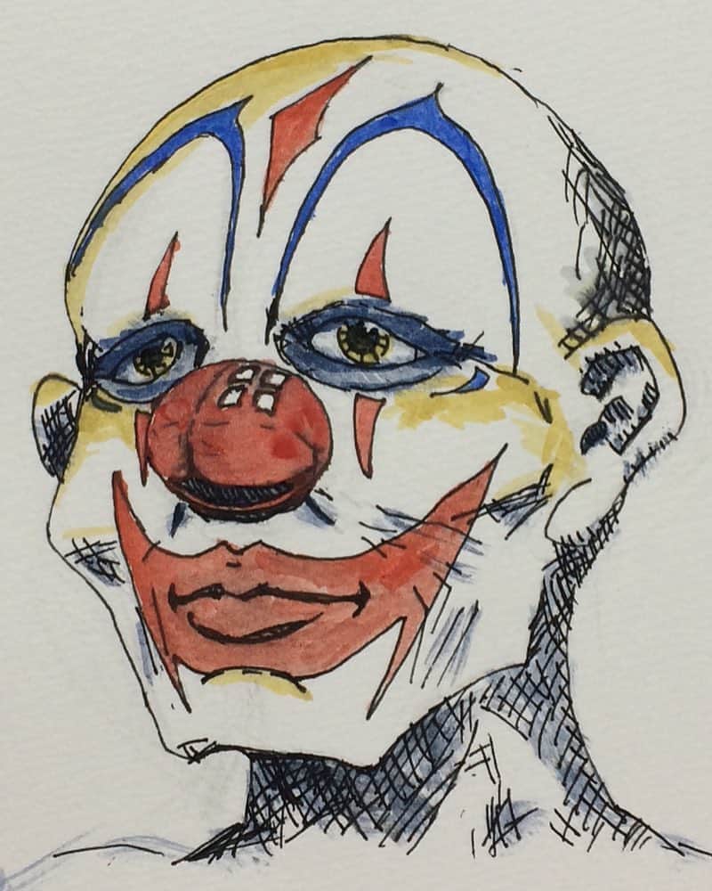 原田桂佑のインスタグラム：「『ピエロのおじさん』 #鉛筆画 #ボールペンイラスト #アクリル絵の具 #水彩画 #ピエロ #絵 #イラスト #スケッチ #落書き #アート #俳優 #役者 #illustration #sketch #drawing #pierrot #art #actor」